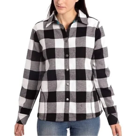 Orvis Tops - Orvis Womens M Fleece Lined Flannel Shirt Jacket Black White Buffalo Check Snap
